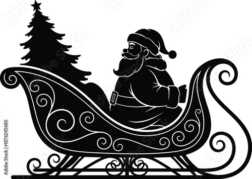 Silhouette of Santa Claus sitting in an ornate sleigh with a Christmas tree, vector illustration for holiday greeting cards, winter decoration, and festive designs.