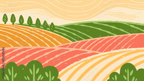 Vibrant rolling hills with colorful undulating fields and lush greenery landscape