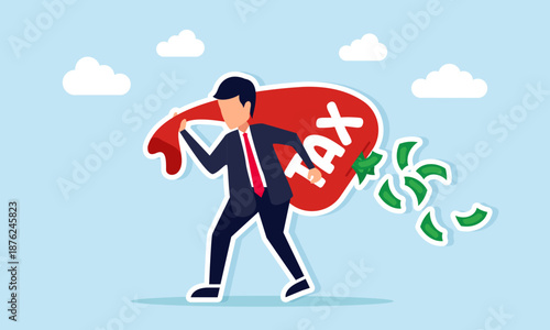 Businessman lifting a torn money sack labeled tax with cash falling illustration of ineffective tax fund collection resulting in losses