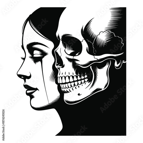 Artistic drawing of young woman and human skull representing life and death dual nature of existence depicting ephemeral beauty with melancholy and mystery