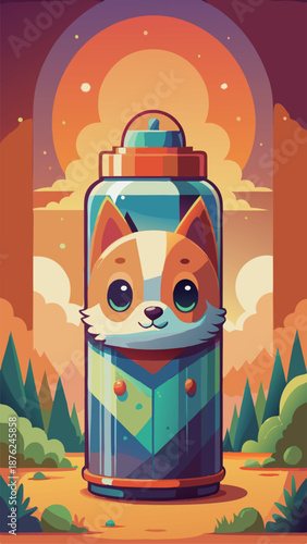 Adorable puppy dog face on a colorful water bottle with mountain landscape background, cute animal mascot illustration in retro vector style for outdoor adventure and hydration