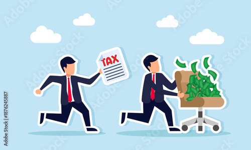 Businessman carrying tax documents chasing another businessman pushing an office chair full of money illustration of tax officers collecting unpaid business taxes