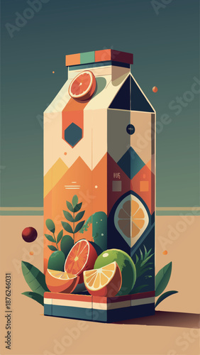 Modern geometric fruit juice carton illustration with sliced oranges and tropical leaves, abstract flat vector design for healthy beverage packaging and organic lifestyle