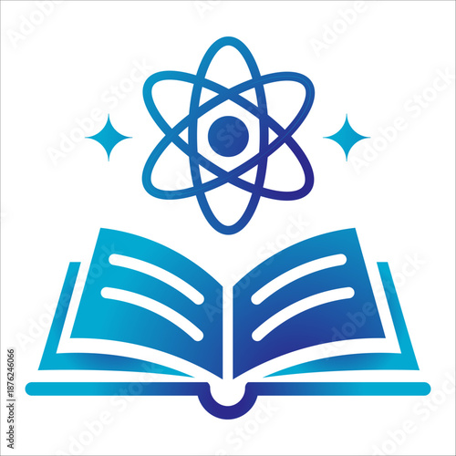 Open book with atom symbol and stars, representing science and knowledge