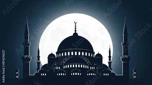 Silhouette of a mosque against a large full moon Islamic architecture at night spiritual landmark for Ramadan and Eid celebrations