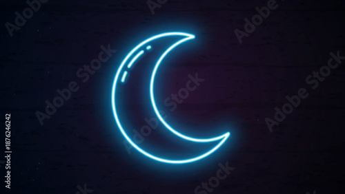 Blue neon crescent moon icon glowing night symbol for weather apps and UI design dark background