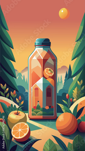 Artistic glass bottle of orange juice featuring a mountain landscape reflection inside, surrounded by fresh fruits and forest trees in a colorful retro vector style