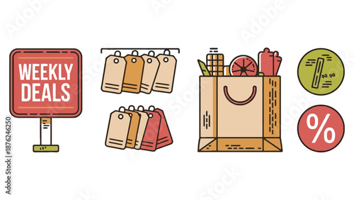 A colorful illustration of weekly deals and shopping icons on a white background