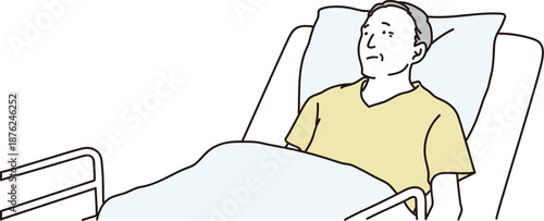 介護用のベッドで横になるシニア男性のイラスト素材