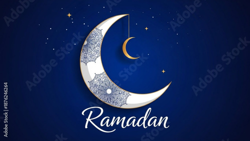 Ramadan crescent moon with Islamic pattern festive night sky with stars traditional greeting for Muslim holiday elegant design