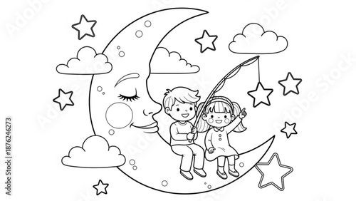 Children sitting on a crescent moon with stars and clouds a whimsical night sky illustration for coloring pages and storybooks