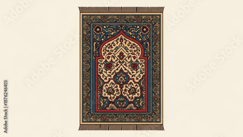Intricate Persian rug with traditional floral patterns and arch motif detailed Islamic carpet design for interior decor isolated on beige backg