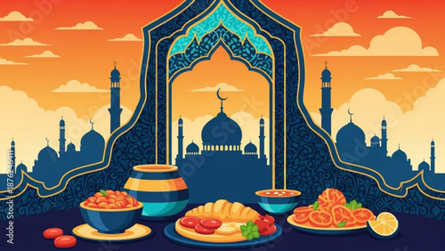 Ramadan Iftar table with traditional food and mosque silhouette festive Islamic celebration warm sunset sky background