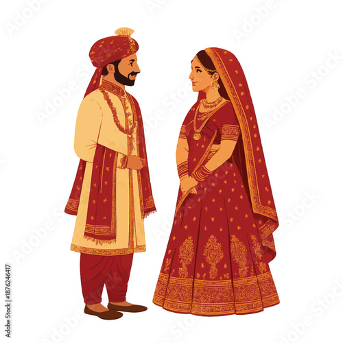 Print  Indian Wedding Scene with Bride and Groom in Traditional Attire – Colorful Cultural Vector Illustration