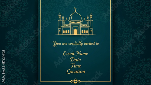Elegant Islamic invitation template with mosque illustration ornate gold border and customizable text for events like weddings or Eid celebrati