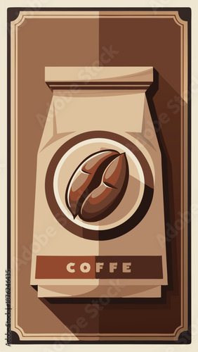 Vintage coffee bean packaging illustration with a large brown roasted coffee bean icon on a paper bag in flat retro graphic design