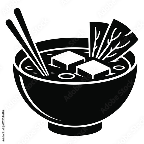 Minimalist miso soup illustration showcasing japanese cuisine in bowl garnished with seaweed and tofu healthy eating vegetarian dish icon