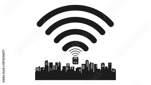 A black and white illustration of a city with WiFi signal