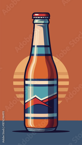 Retro beer bottle illustration with a sun and mountain landscape label design in flat vector art style for summer refreshment concept