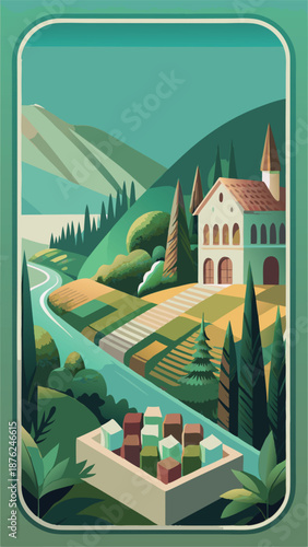 Scenic Mediterranean landscape illustration with a white villa house vineyard fields and a river in flat vector vintage poster style