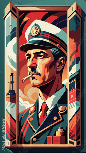 Heroic portrait of a ship captain or naval officer with a pipe and maritime elements in vintage propaganda poster art style