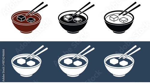 A set of six bowls of food with chopsticks in each one