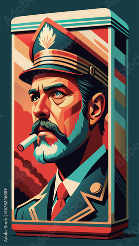 Retro pop art illustration of a bearded sea captain in a military uniform smoking a cigarette with bold colors and geometric shapes for vintage poster design