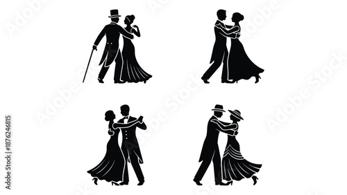 A group of black silhouettes of couples dancing together in various poses