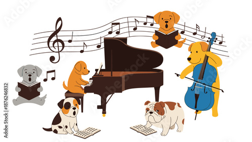 Group of cute puppies plays musical instruments including a piano and cello while singing along to a sheet of music with a floating treble clef.