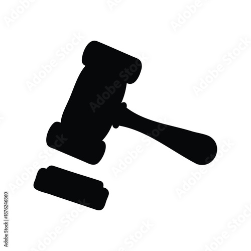 Black silhouette of a gavel and striking block signifying law and justice