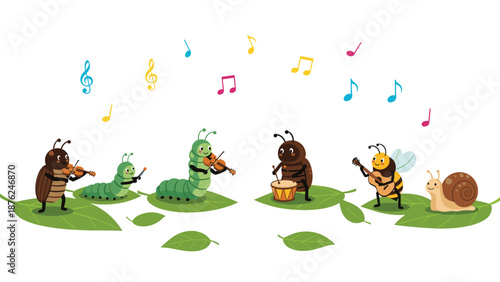 Small insects like caterpillars and a bee play violins and drums on green leaves while a snail watches the musical performance under floating notes.