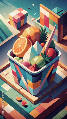 Vibrant isometric illustration of a fruit bowl filled with citrus oranges pineapple and dragon fruit in a colorful geometric pop art style