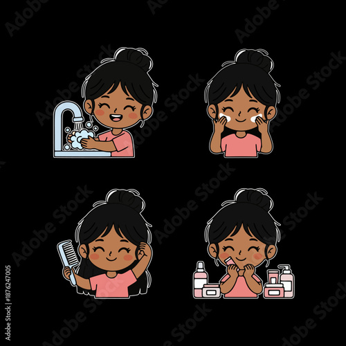 Adorable girl performing daily self-care personal hygiene and beauty routines set