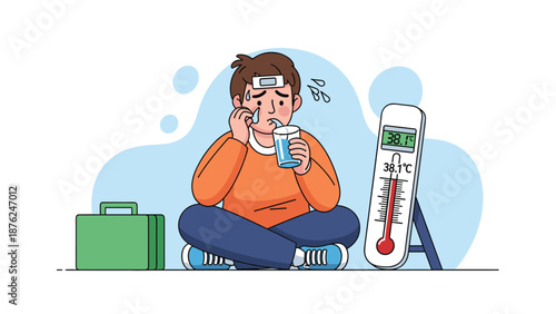 Sick young boy with a fever sits on the floor with a medical patch on his forehead, holding a glass of water next to a large digital thermometer.
