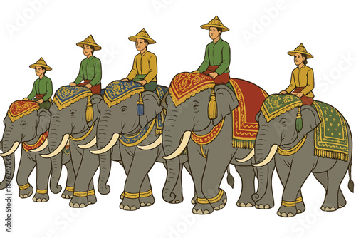 Thai Elephant Parade with Decorated Elephants – Traditional Thailand Festival Vector Illustration
