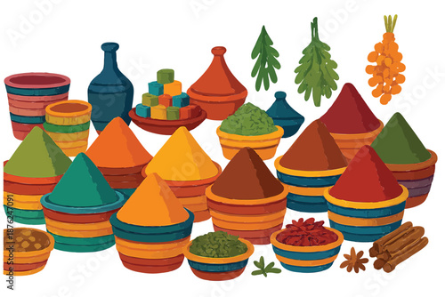  Moroccan Spice Market with Vibrant Baskets – Colorful Traditional Souk Vector Illustration