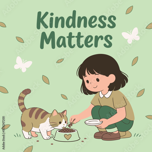 Kindness Matters illustration with a young girl feeding a cat in a green garden setting with falling leaves and butterflies, teaching empathy and animal care