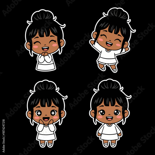 Charming Dark Skinned Chibi Girl Expressions Joyful Cartoon Character Set Isolated on Black