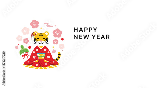 Cute tiger cub dressed in a traditional red kimono sits formally for a Japanese New Year greeting surrounded by pink plum blossoms and kadomatsu.