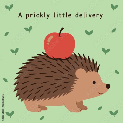 A Prickly Little Delivery illustration with a cute brown hedgehog carrying a big red apple on its back in a green field with tiny sprouts