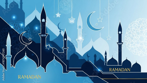 Ramadan Kareem mosque skyline with crescent moon and stars Islamic cultural celebration background elegant blue vector illustration