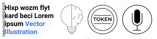 Innovation, cryptography, digital assets, communication tools, branding, tech visualization. Minimalistic icons of a brain-lightbulb, token stamp and a microphone. Innovation and cryptography