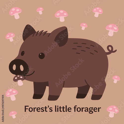 Forest's Little Forager illustration featuring a cute brown wild boar with a mushroom in its mouth surrounded by pink mushrooms on a tan background