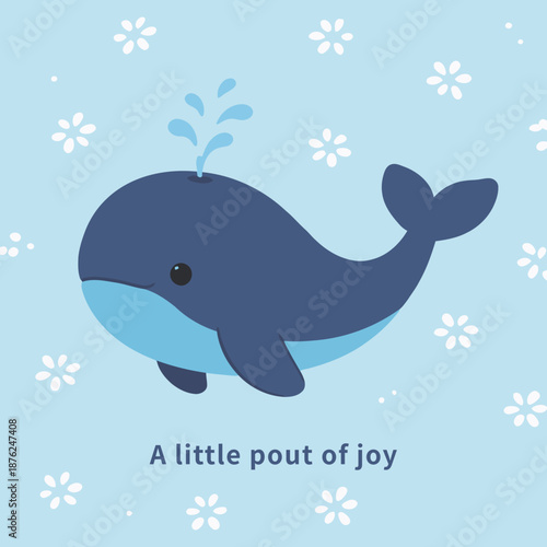 A Little Pout of Joy whale illustration with a cute dark blue whale spouting water in a sea of white flowers on light blue background