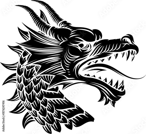 Dragon head, an original illustration in a retro woodcut etching vintage style