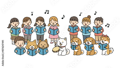 Happy group of school children and friendly dogs sing together in a choir while a white dog plays a tambourine with colorful musical notes.