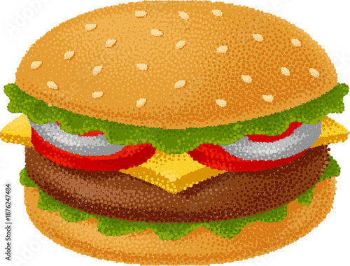 Illustration of cheeseburger beefburger burger with beef patty, cheese, lettuce, tomato and onion on white background in vintage pointillism dot style