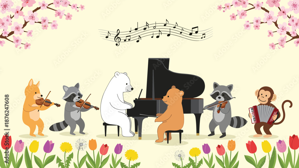 Naklejka premium Polar bear, raccoon, fox, and monkey play a grand piano and violins under cherry blossoms and a field of colorful spring flowers with musical notes.