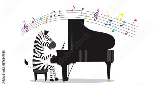 Charming zebra sitting on a stool plays a grand piano while a rainbow wave of musical notes flows from the instrument against a white background.
