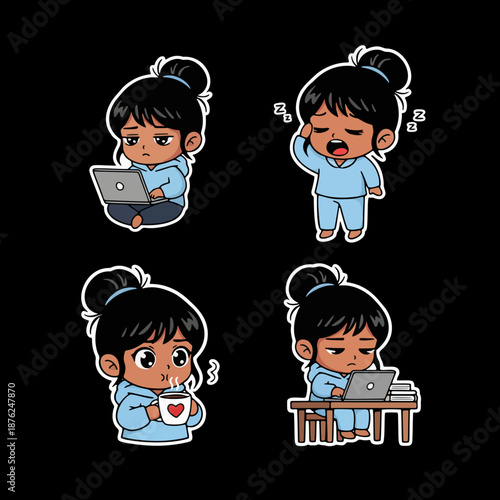 Cartoon Girl's Late Night Study Routine Yawning Working on Laptop Drinking Coffee Vector